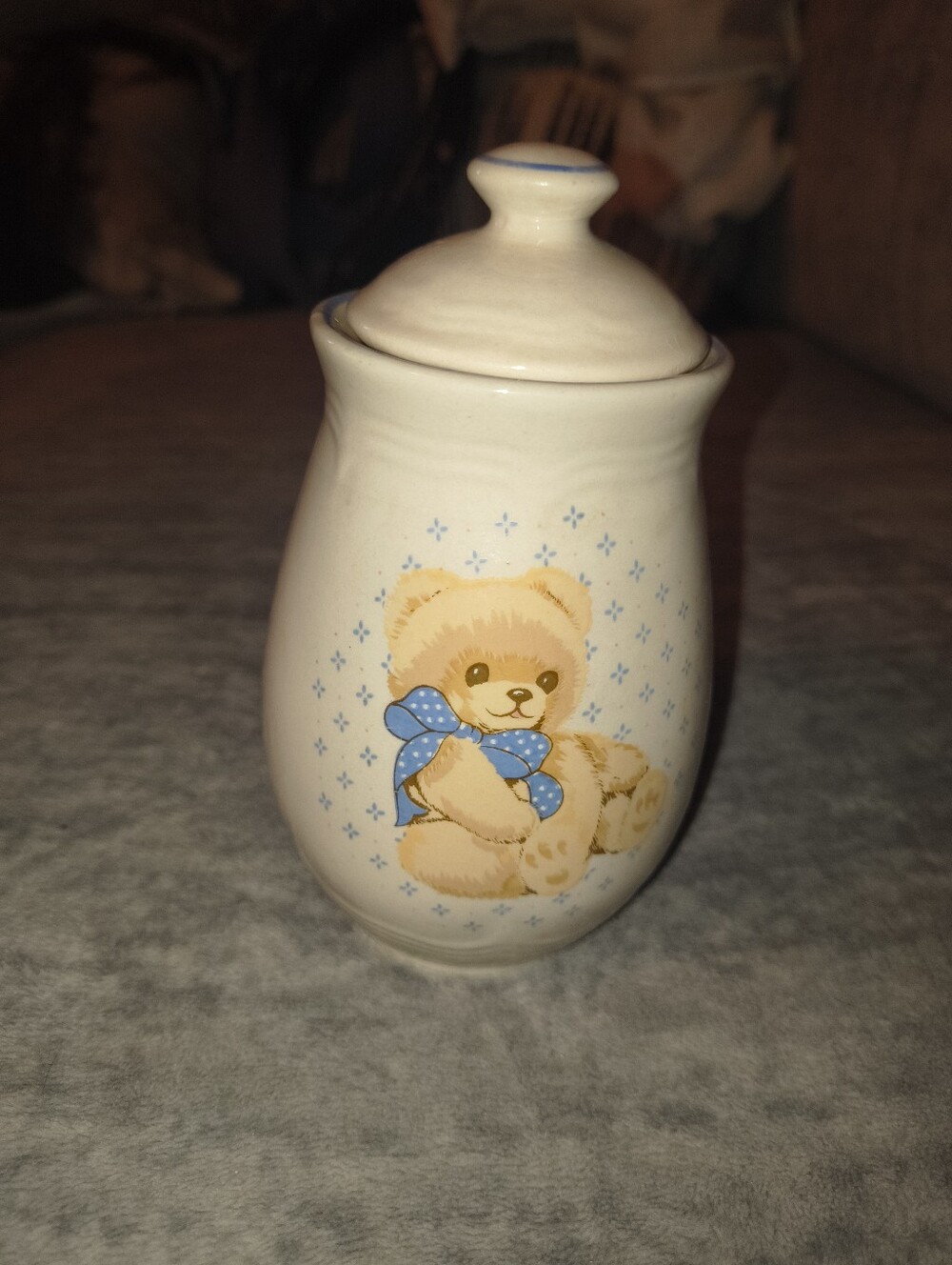 Teddy Bear Ceramic Canister - White with Blue Accents